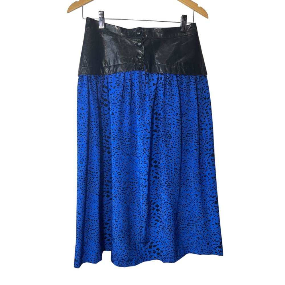 Vintage 80's Blue Silk Midi Skirt Leather Waist Size 10